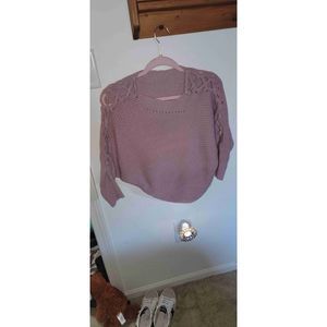 Womens Pink Knit Crochet Lace-Up Sleeves Crewneck Pullover Sweater Size S